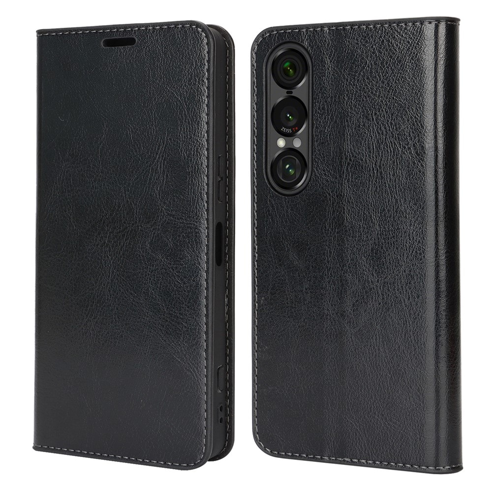 Sony Xperia 1 VII Smidigt mobilfodral i äkta läder, Svart