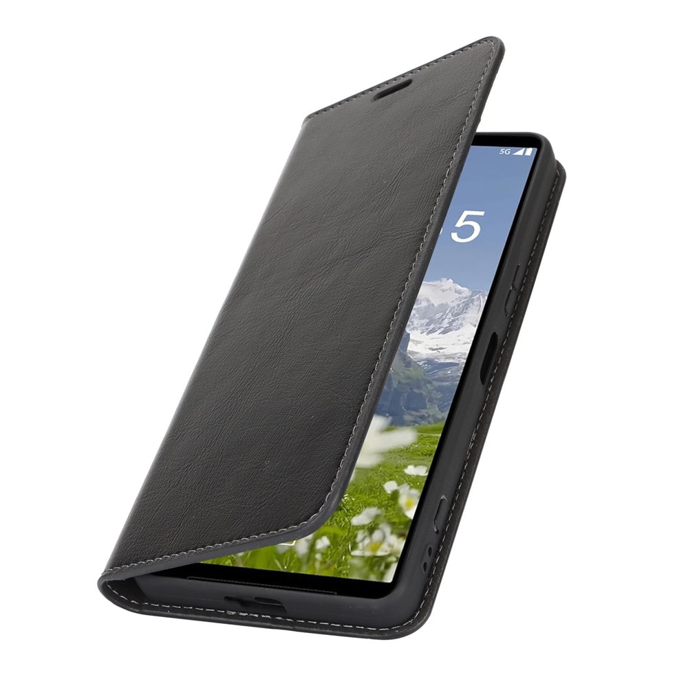 Sony Xperia 1 VII Smidigt mobilfodral i äkta läder, Svart
