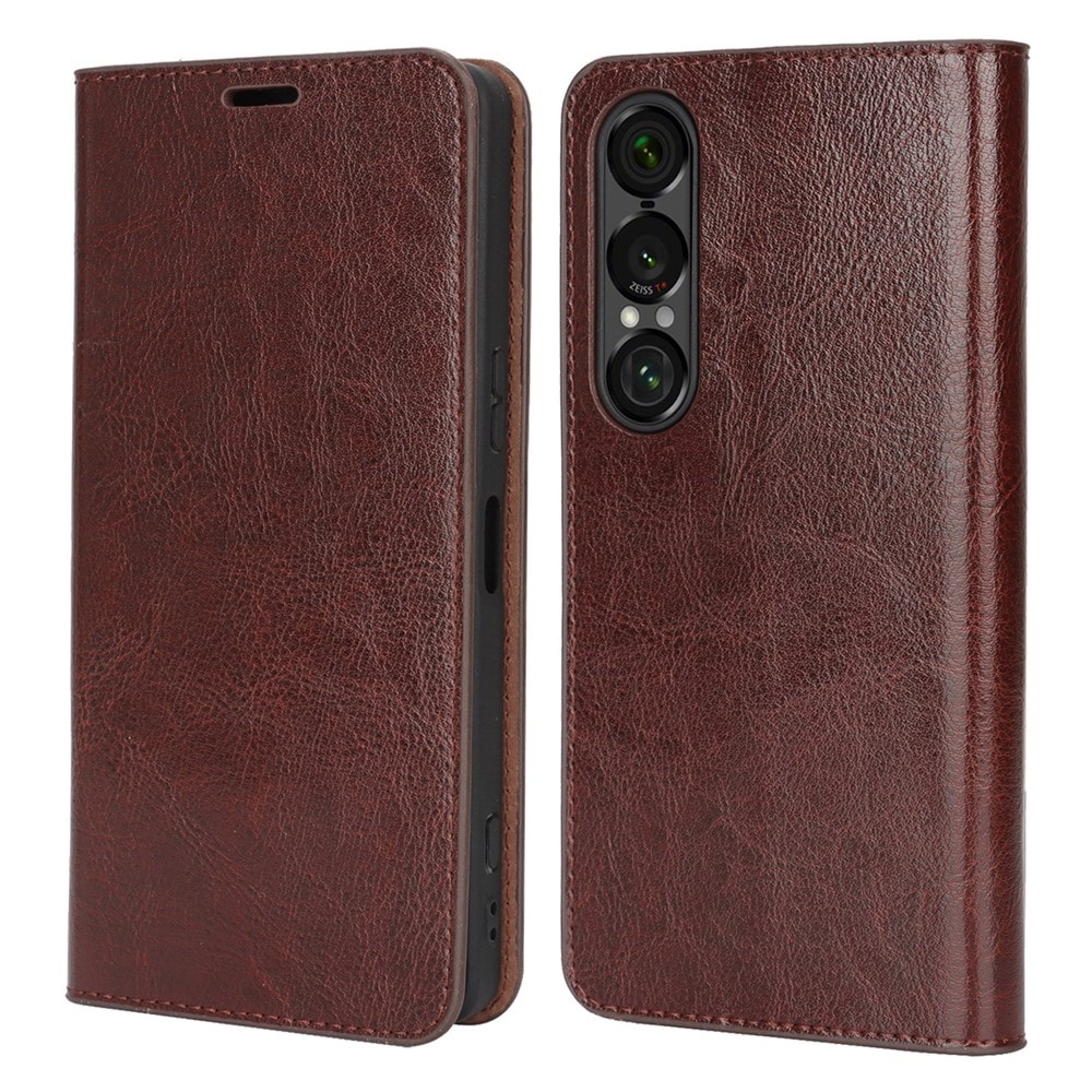 Sony Xperia 1 VII Smidigt mobilfodral i äkta läder, Mörkbrun