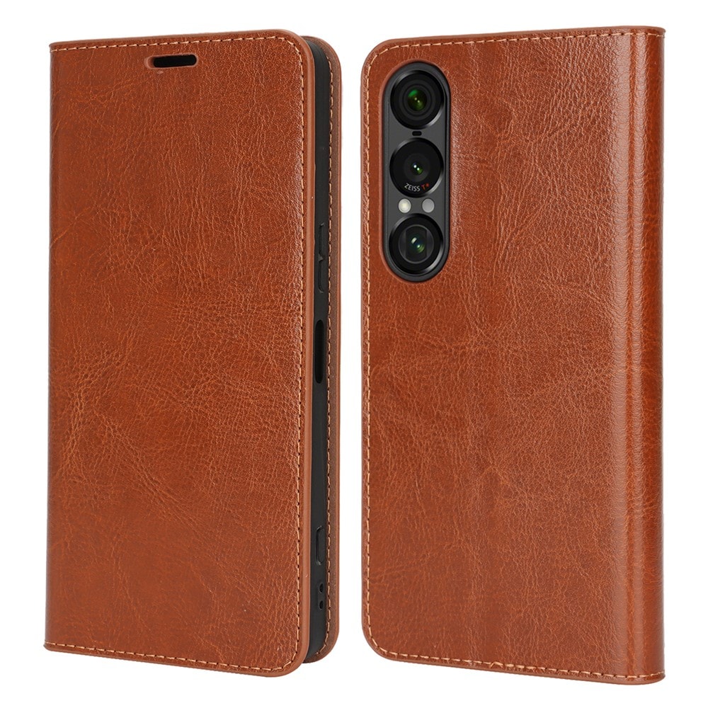 Sony Xperia 1 VII Smidigt mobilfodral i äkta läder, Brun