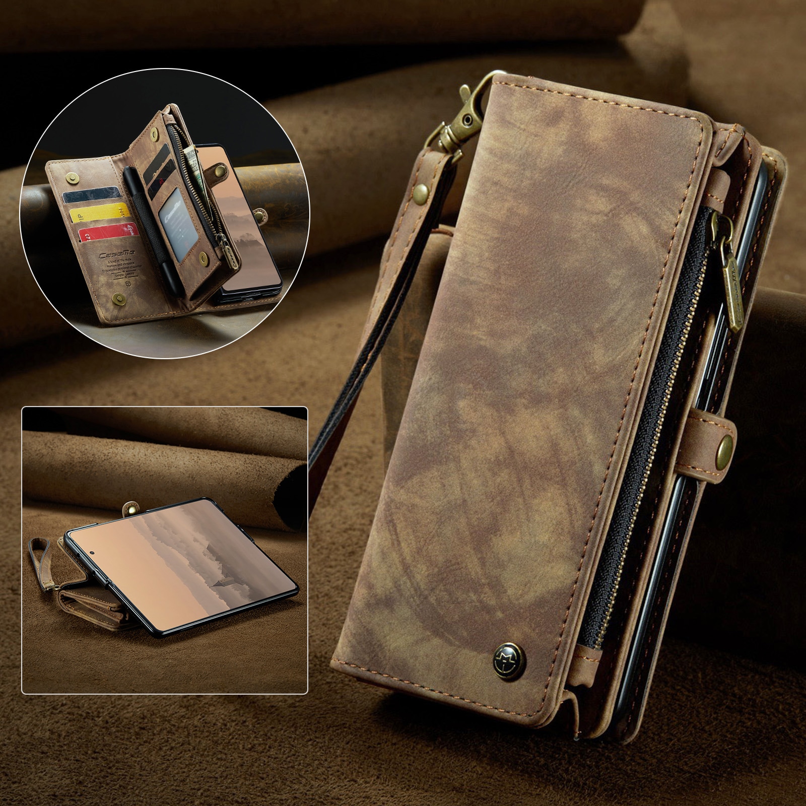 Samsung Galaxy Z Fold 7 Rymligt plånboksfodral med många kortfack, Brun