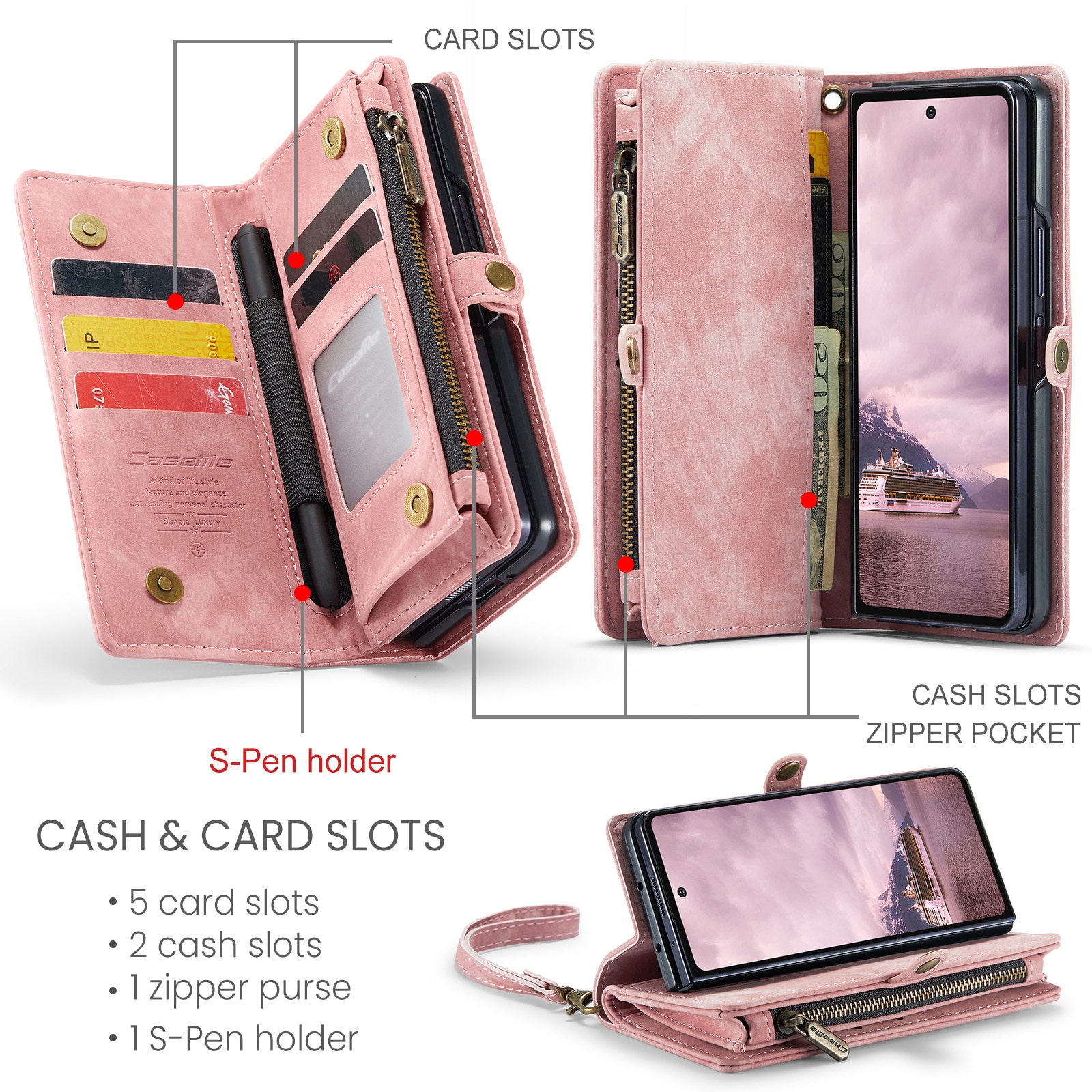 Samsung Galaxy Z Fold 7 Rymligt plånboksfodral med många kortfack, Rosa