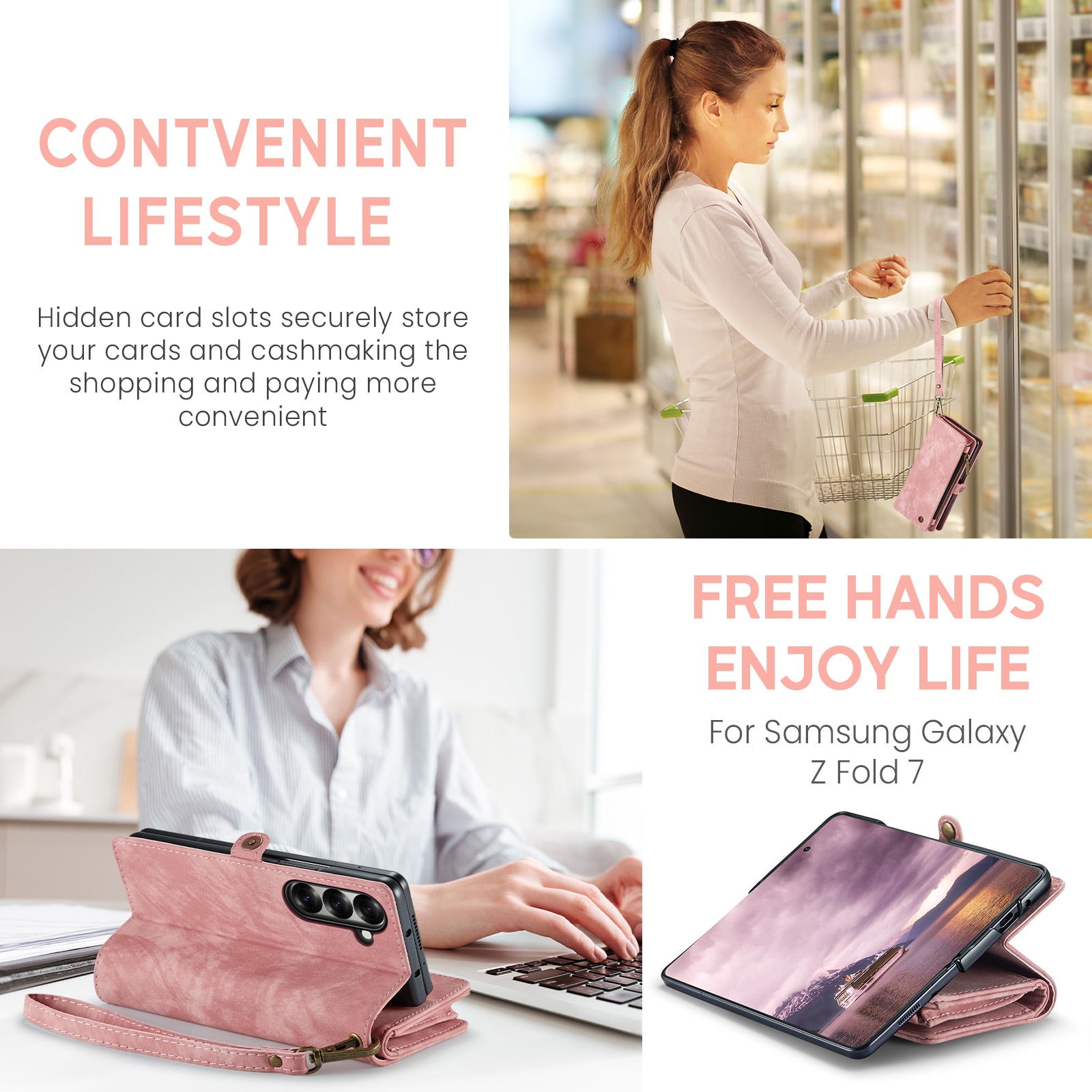 Samsung Galaxy Z Fold 7 Rymligt plånboksfodral med många kortfack, Rosa