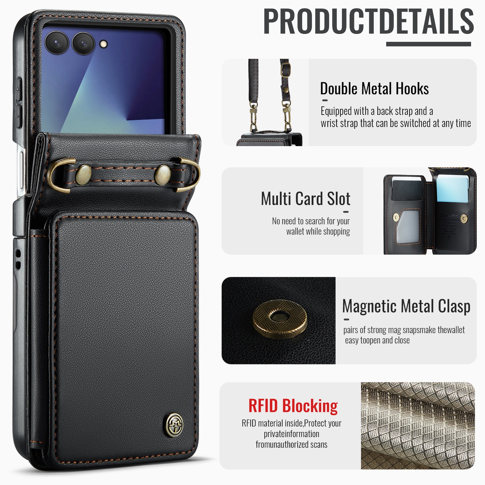 Samsung Galaxy Z Flip 7 Skal med inbyggd plånbok och RFID-skydd, Svart