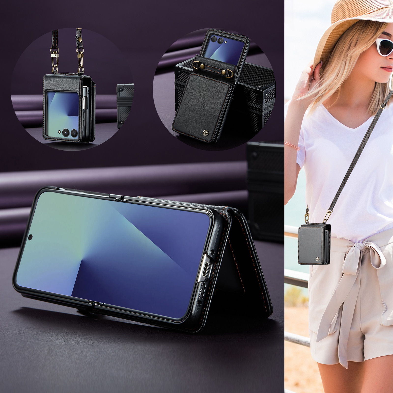 Samsung Galaxy Z Flip 7 Skal med inbyggd plånbok och RFID-skydd, Svart