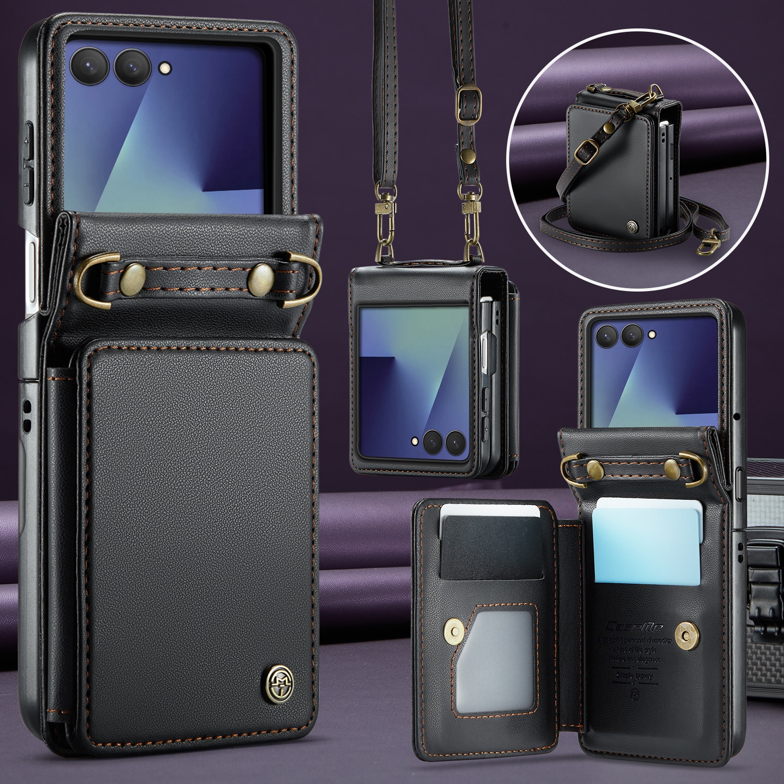 Samsung Galaxy Z Flip 7 Skal med inbyggd plånbok och RFID-skydd, Svart