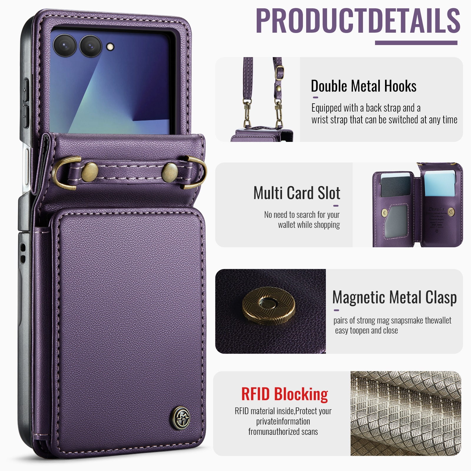 Samsung Galaxy Z Flip 7 Skal med inbyggd plånbok och RFID-skydd, Lila