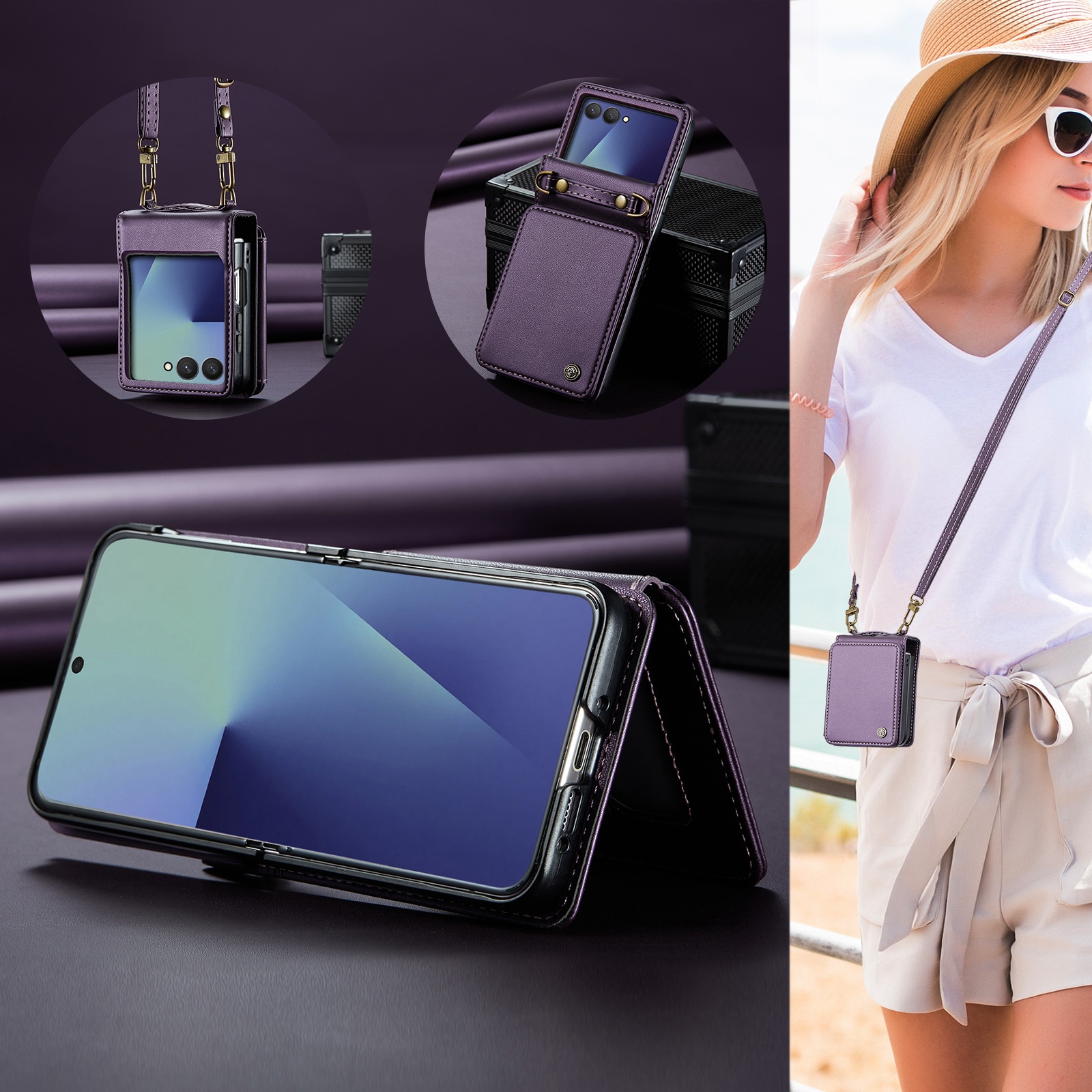 Samsung Galaxy Z Flip 7 Skal med inbyggd plånbok och RFID-skydd, Lila