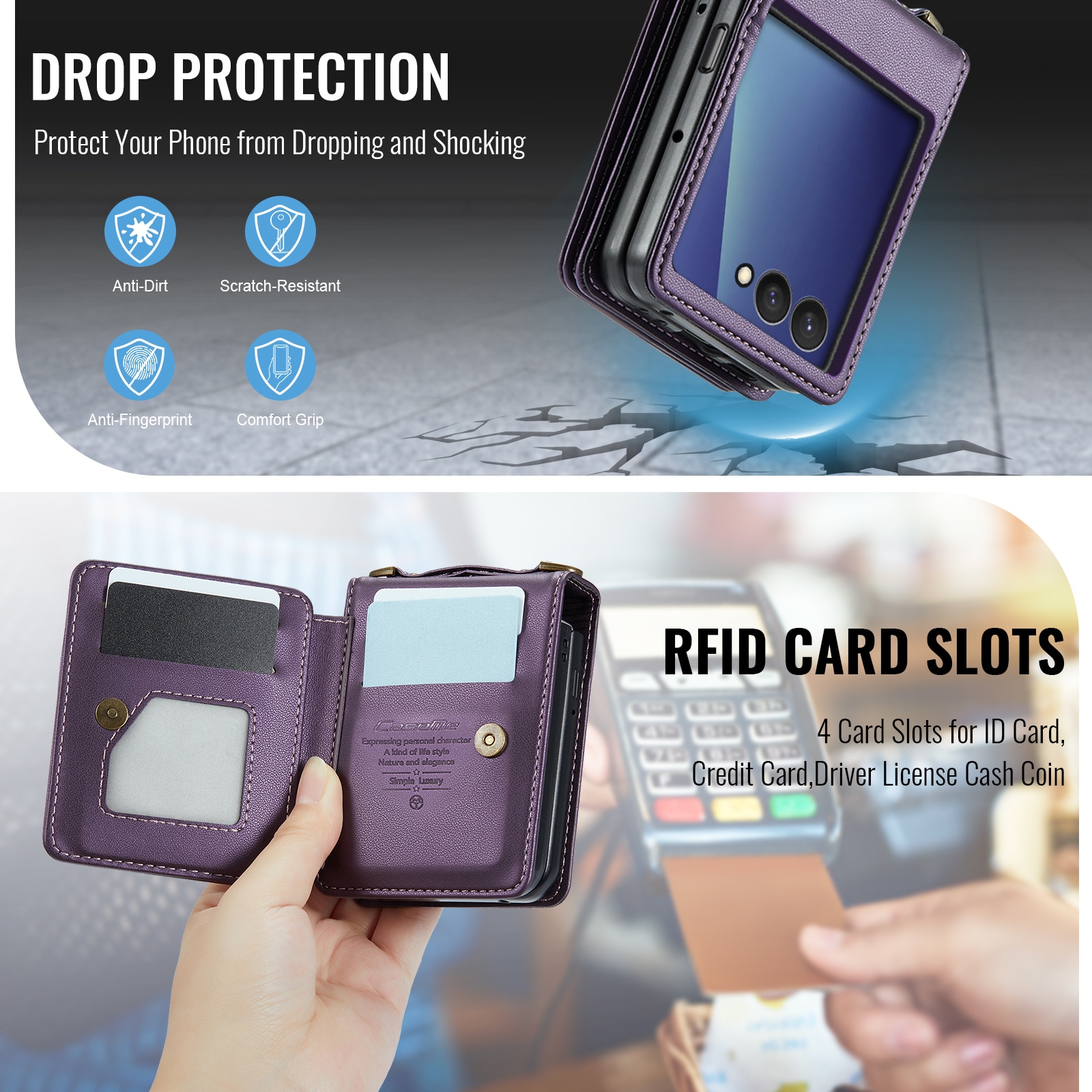 Samsung Galaxy Z Flip 7 Skal med inbyggd plånbok och RFID-skydd, Lila