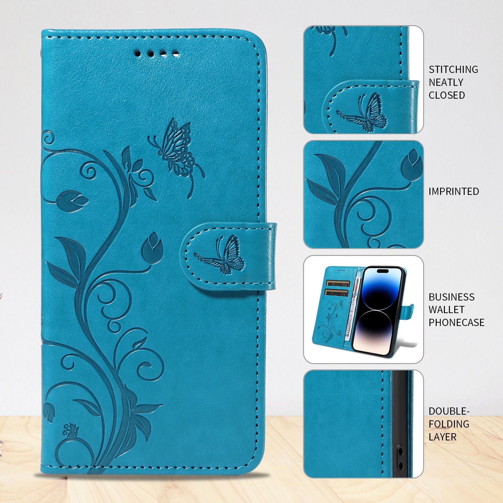Oppo Reno 14 F Mobilfodral med fjärilar, Blå