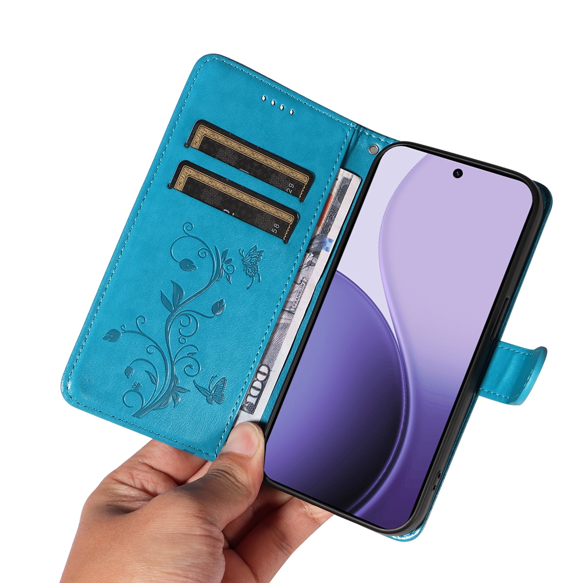 Oppo Reno 14 F Mobilfodral med fjärilar, Blå