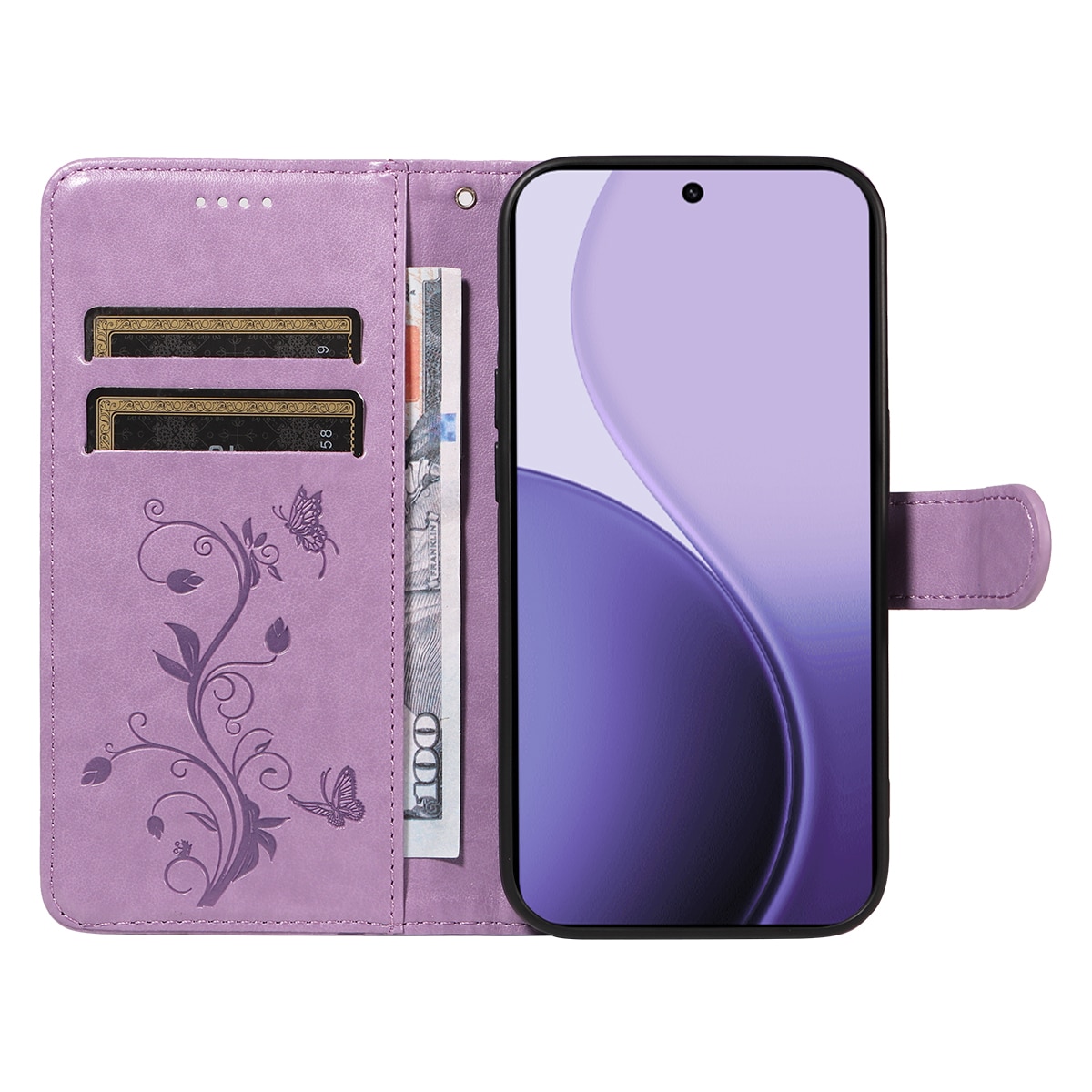 Oppo Reno 14 Mobilfodral med fjärilar, Lila