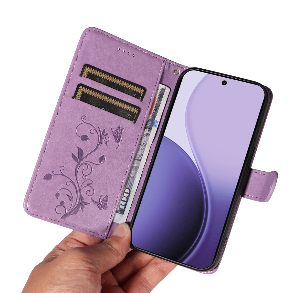 Oppo Reno 14 Mobilfodral med fjärilar, Lila