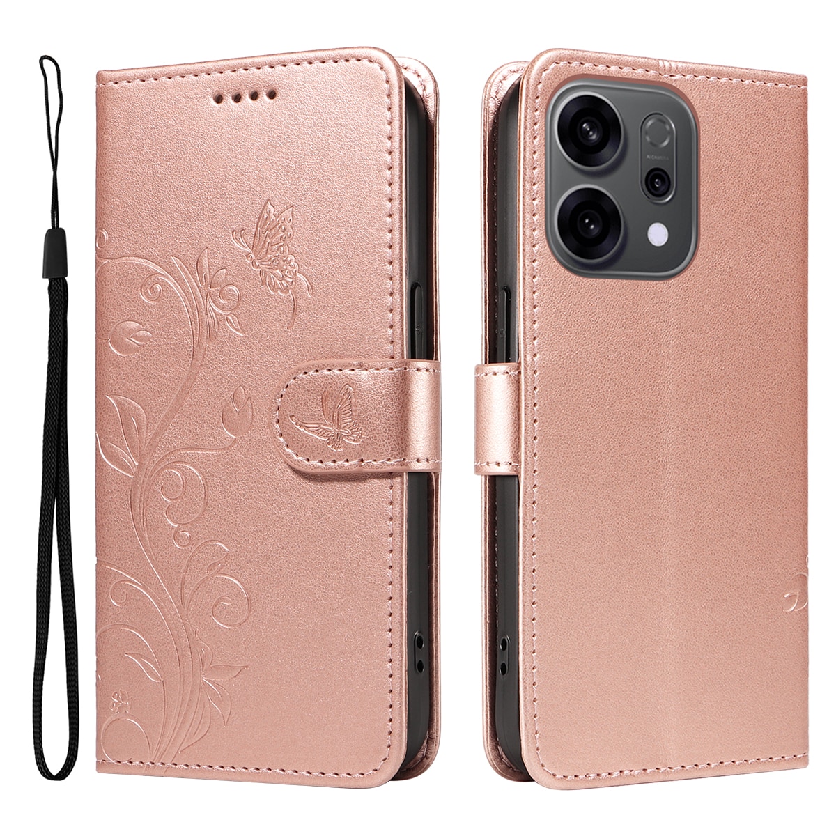 Oppo Reno 14 F Mobilfodral med fjärilar, Roséguld