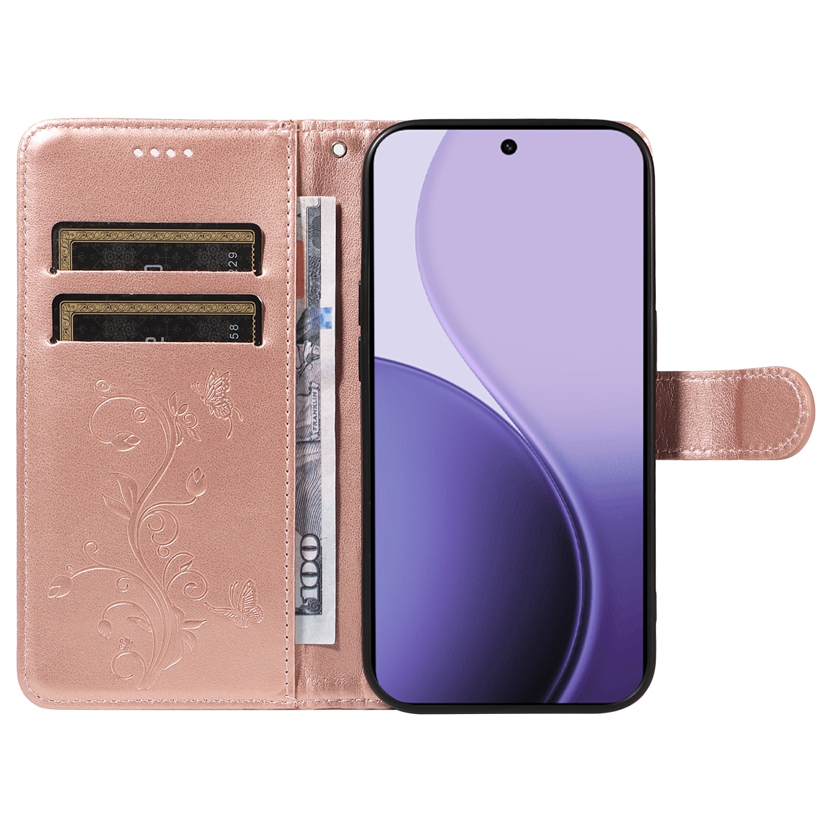 Oppo Reno 14 F Mobilfodral med fjärilar, Roséguld