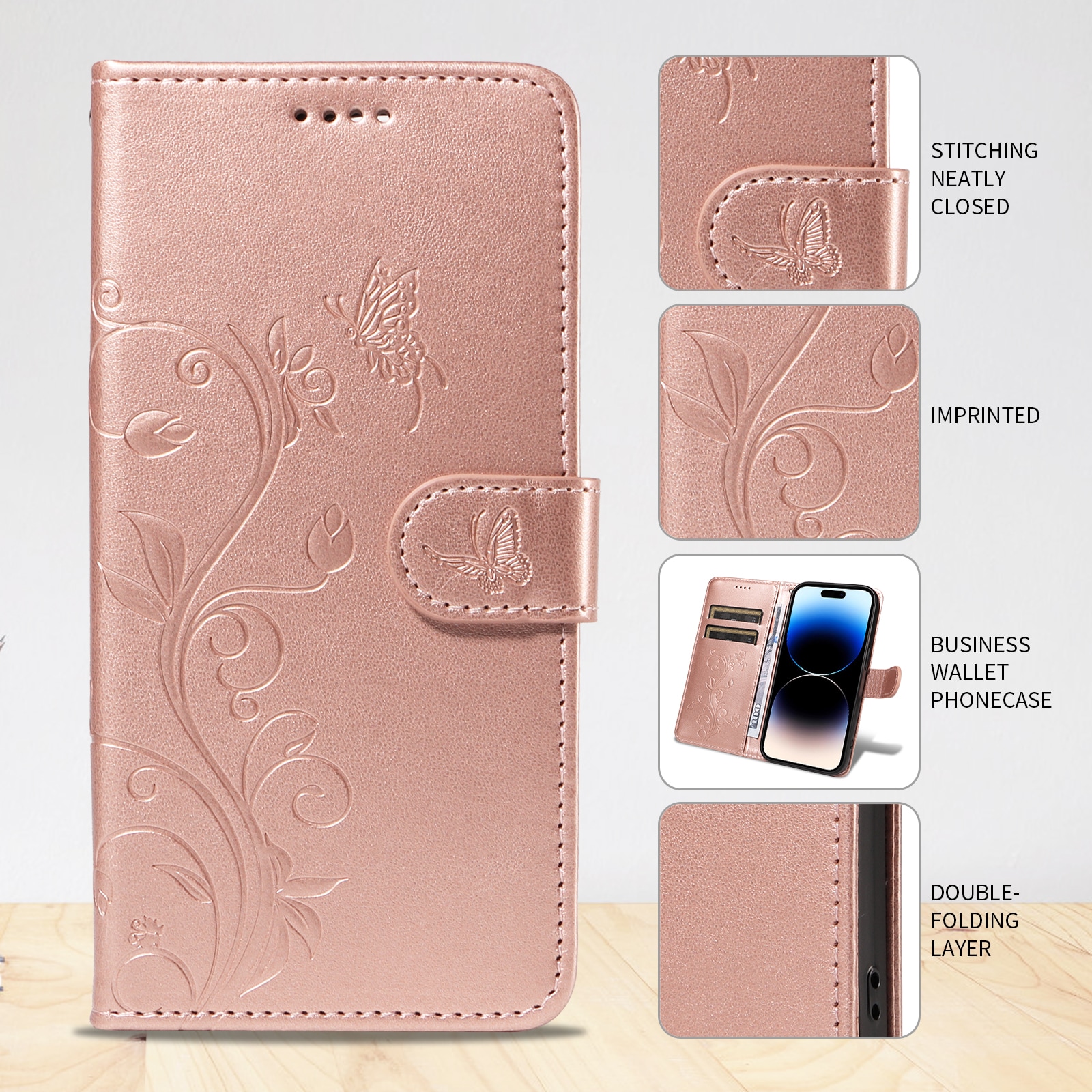 Oppo Reno 14 F Mobilfodral med fjärilar, Roséguld