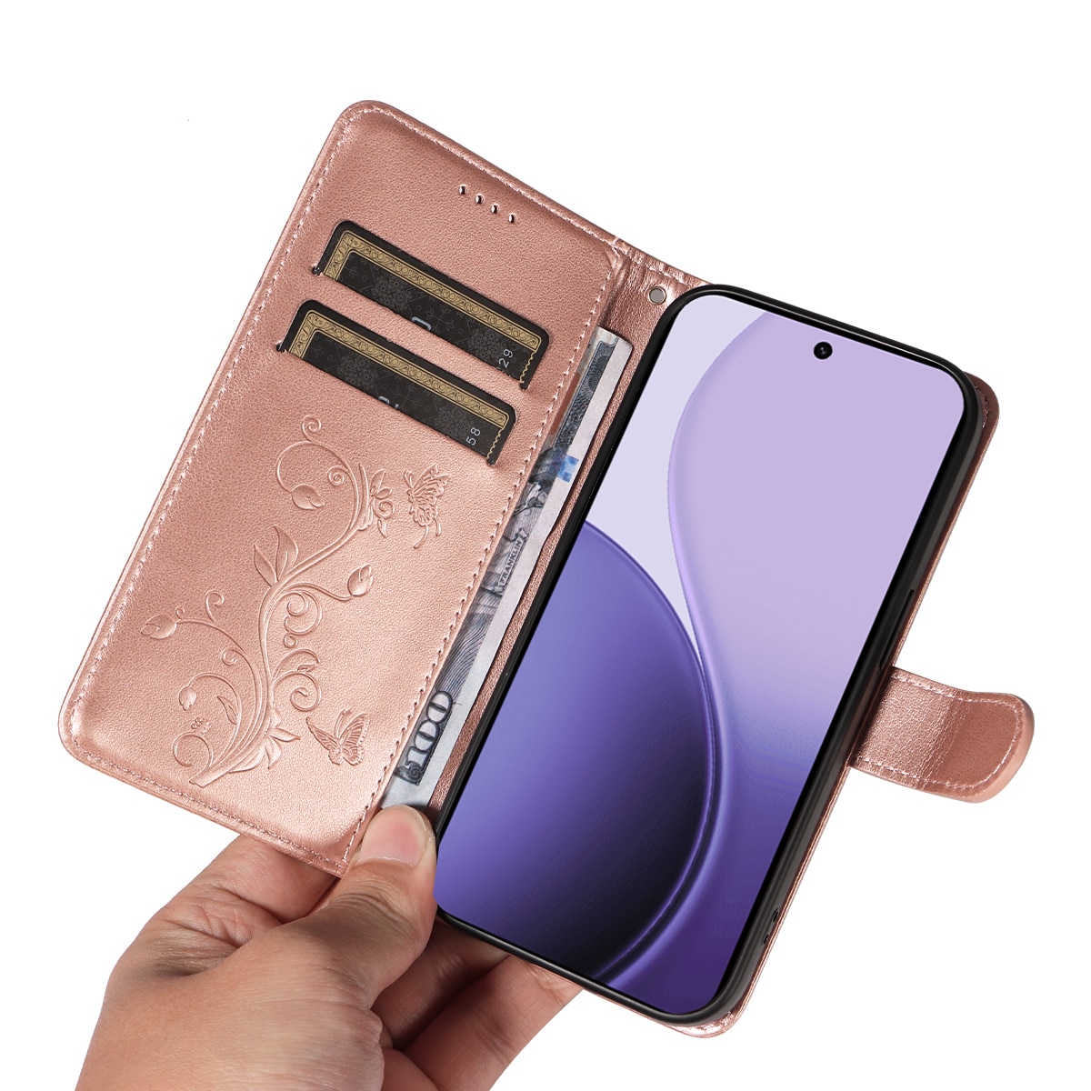 Oppo Reno 14 F Mobilfodral med fjärilar, Roséguld