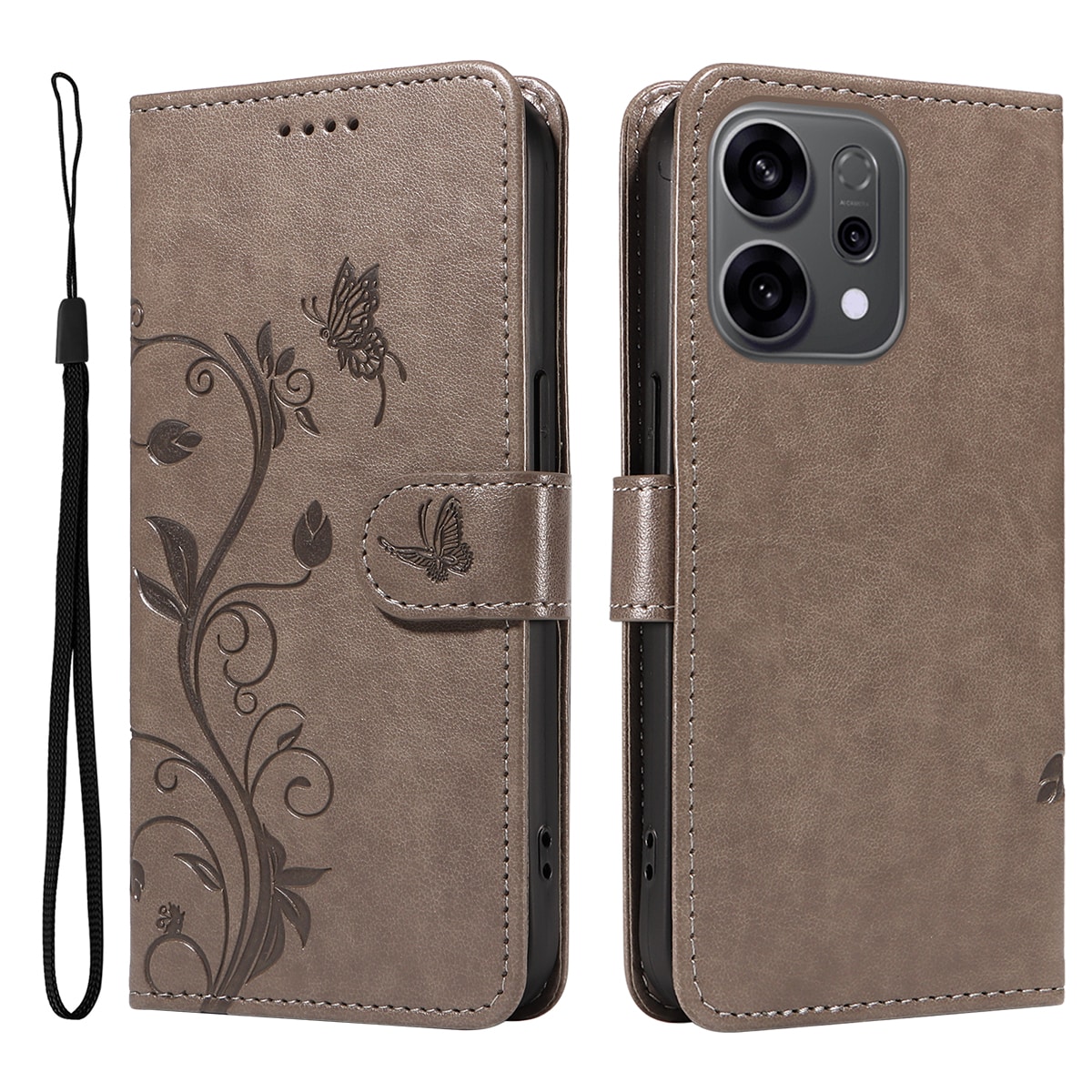 Oppo Reno 14 F Mobilfodral med fjärilar, Grå