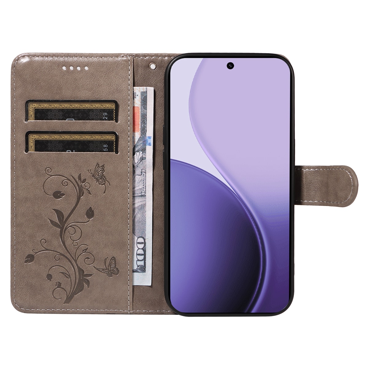 Oppo Reno 14 F Mobilfodral med fjärilar, Grå
