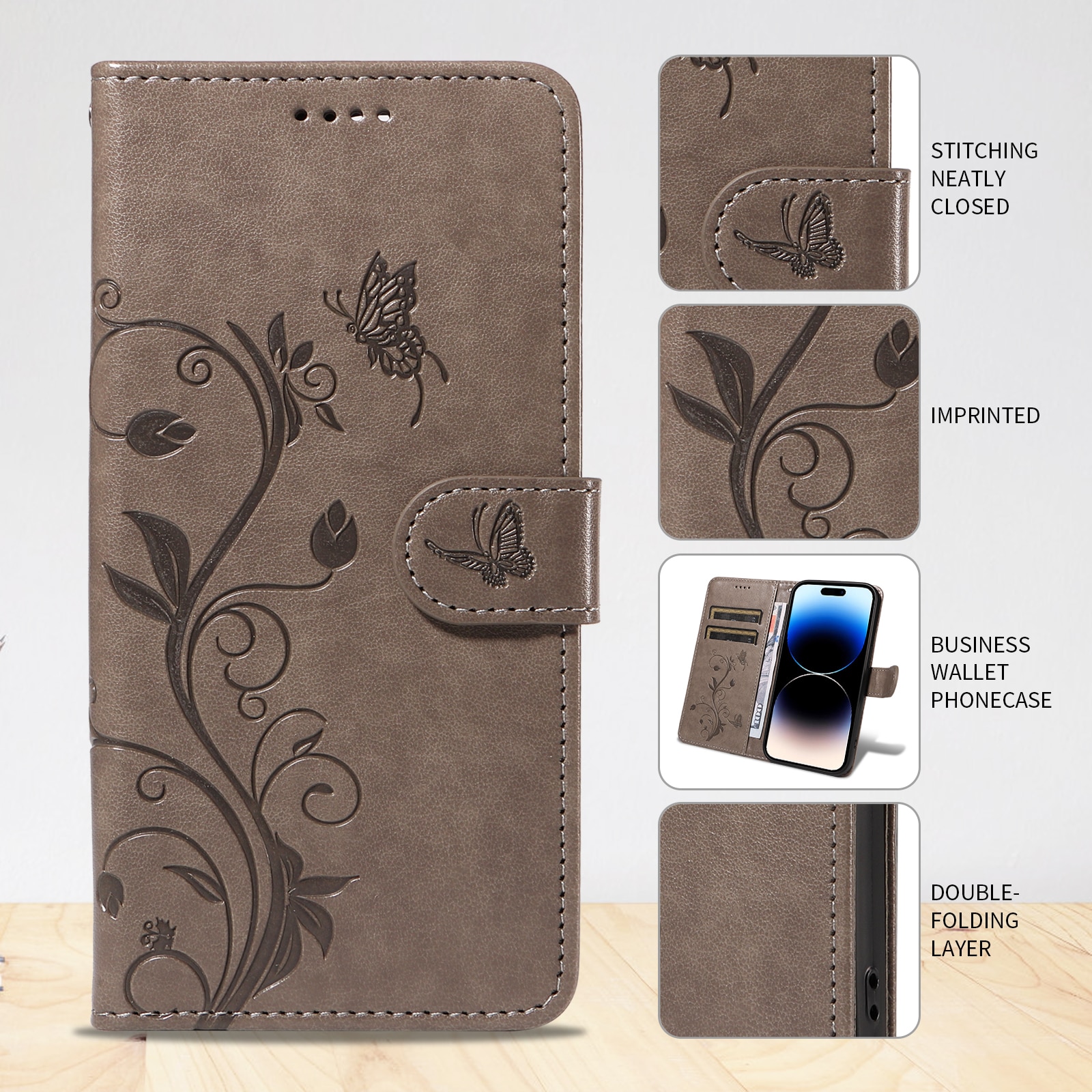 Oppo Reno 14 F Mobilfodral med fjärilar, Grå