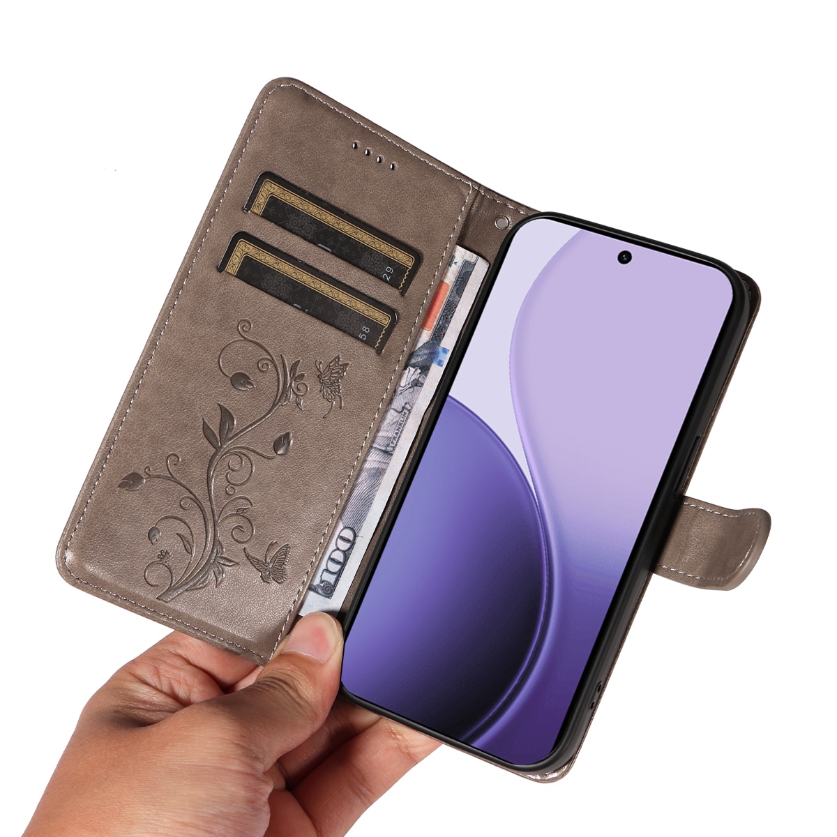 Oppo Reno 14 F Mobilfodral med fjärilar, Grå