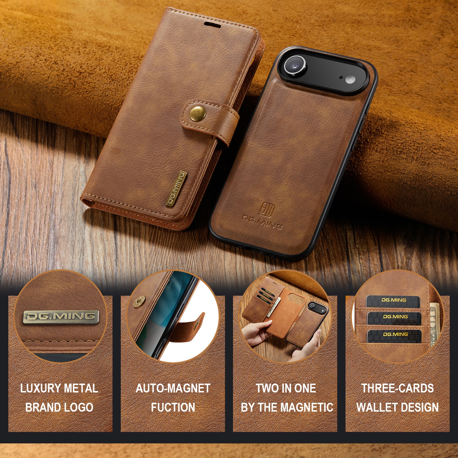 iPhone 17 Air Plånboksfodral med avtagbart skal, Cognac