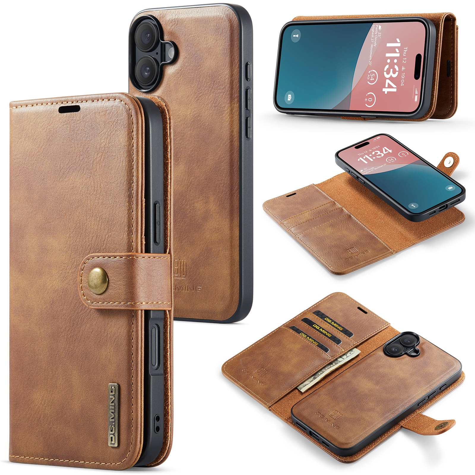 iPhone 17 Plånboksfodral med avtagbart skal, Cognac