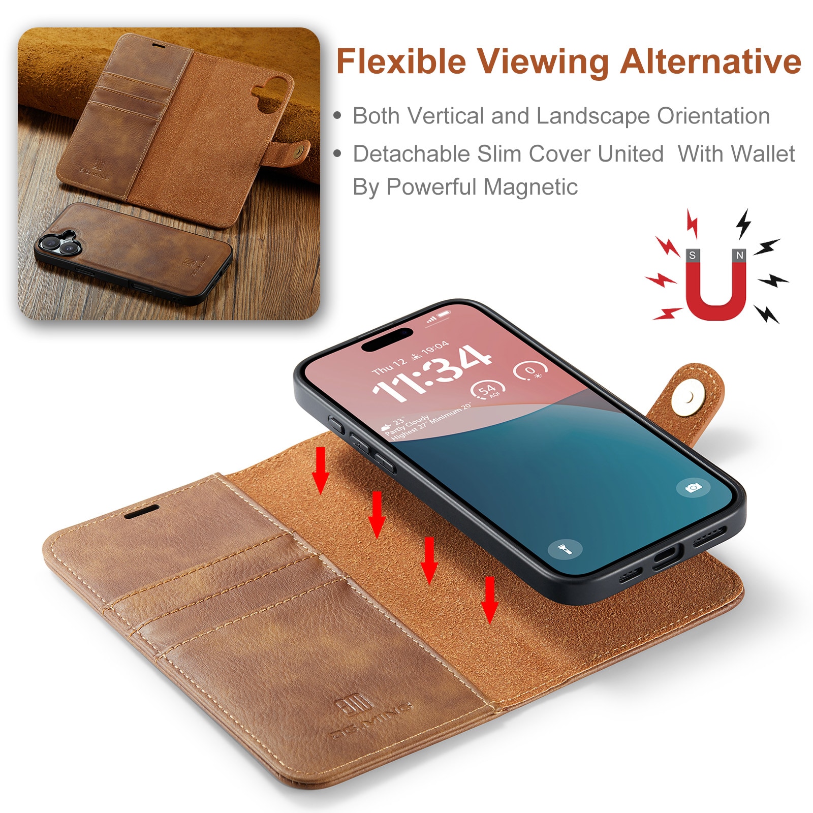 iPhone 17 Plånboksfodral med avtagbart skal, Cognac