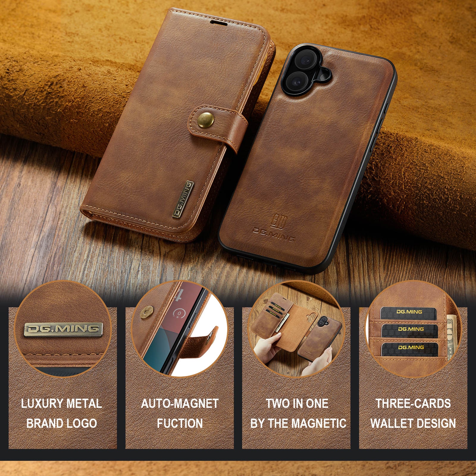 iPhone 17 Plånboksfodral med avtagbart skal, Cognac