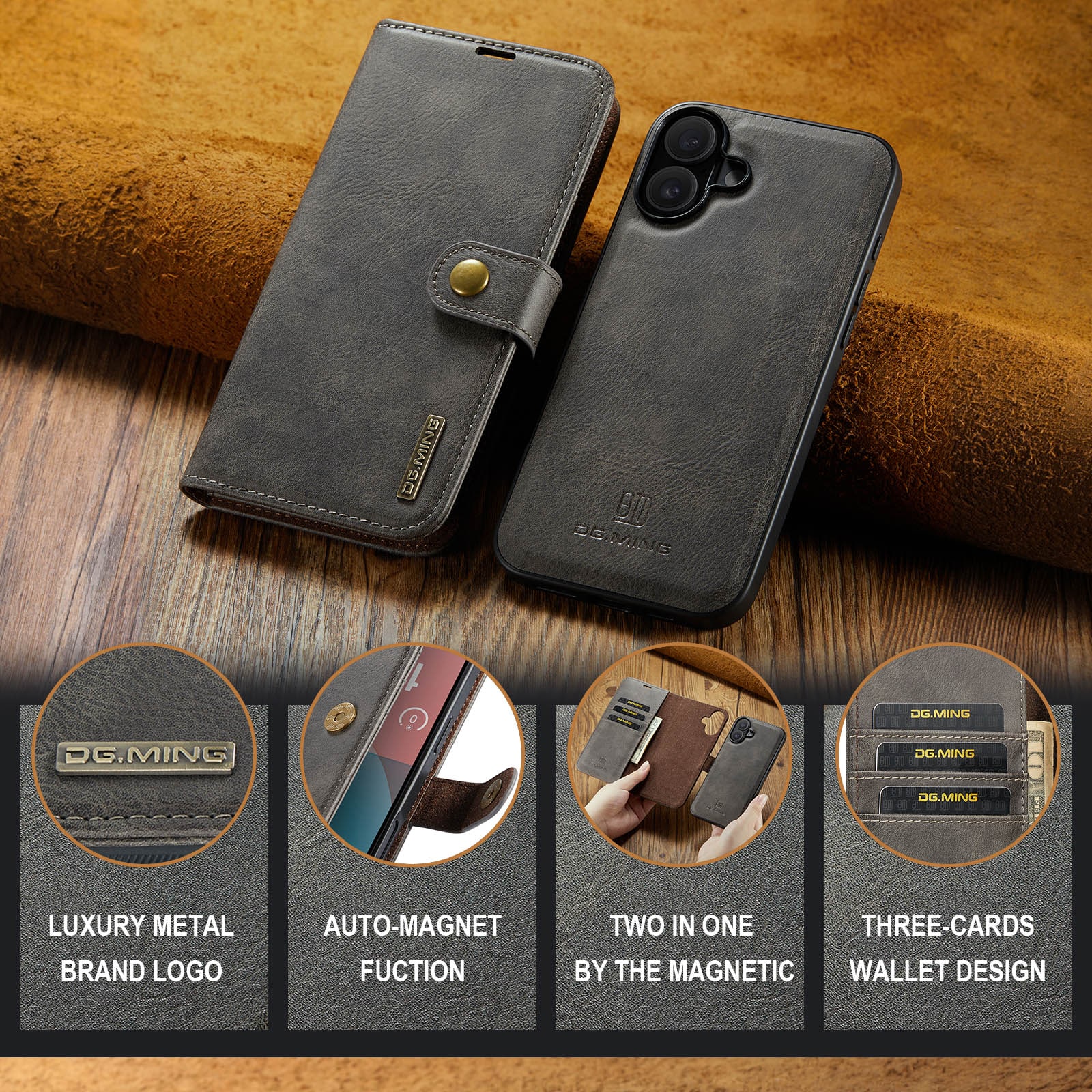 iPhone 17 Plånboksfodral med avtagbart skal, Brown