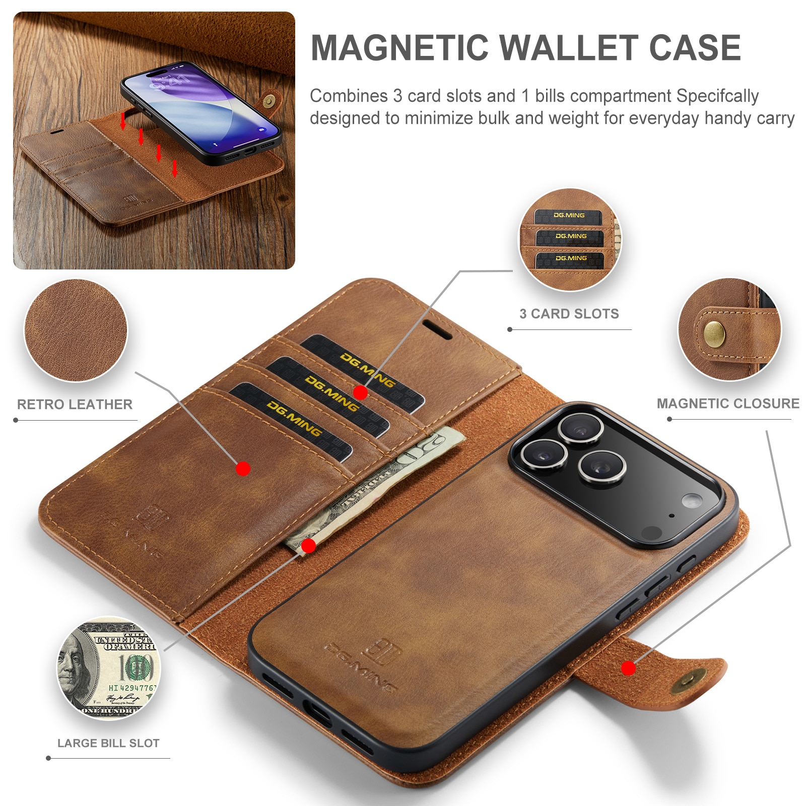 iPhone 17 Pro Max Plånboksfodral med avtagbart skal, Cognac