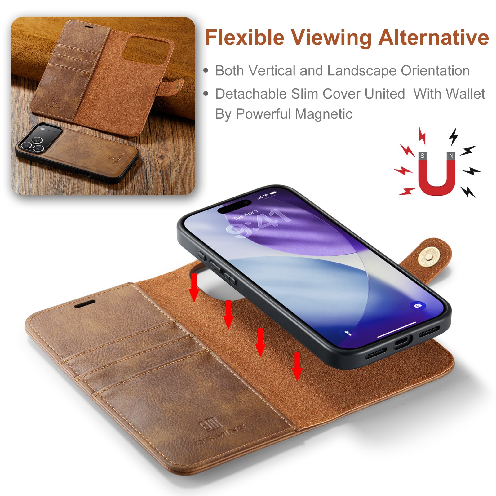iPhone 17 Pro Max Plånboksfodral med avtagbart skal, Cognac