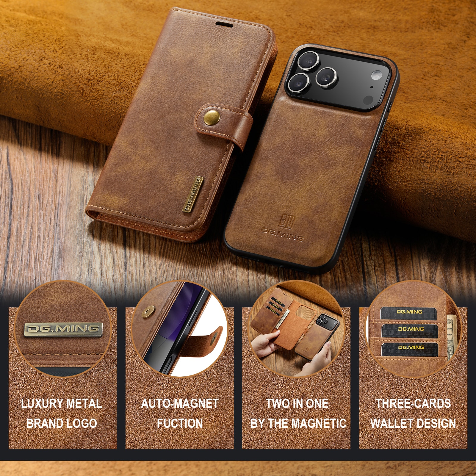 iPhone 17 Pro Max Plånboksfodral med avtagbart skal, Cognac