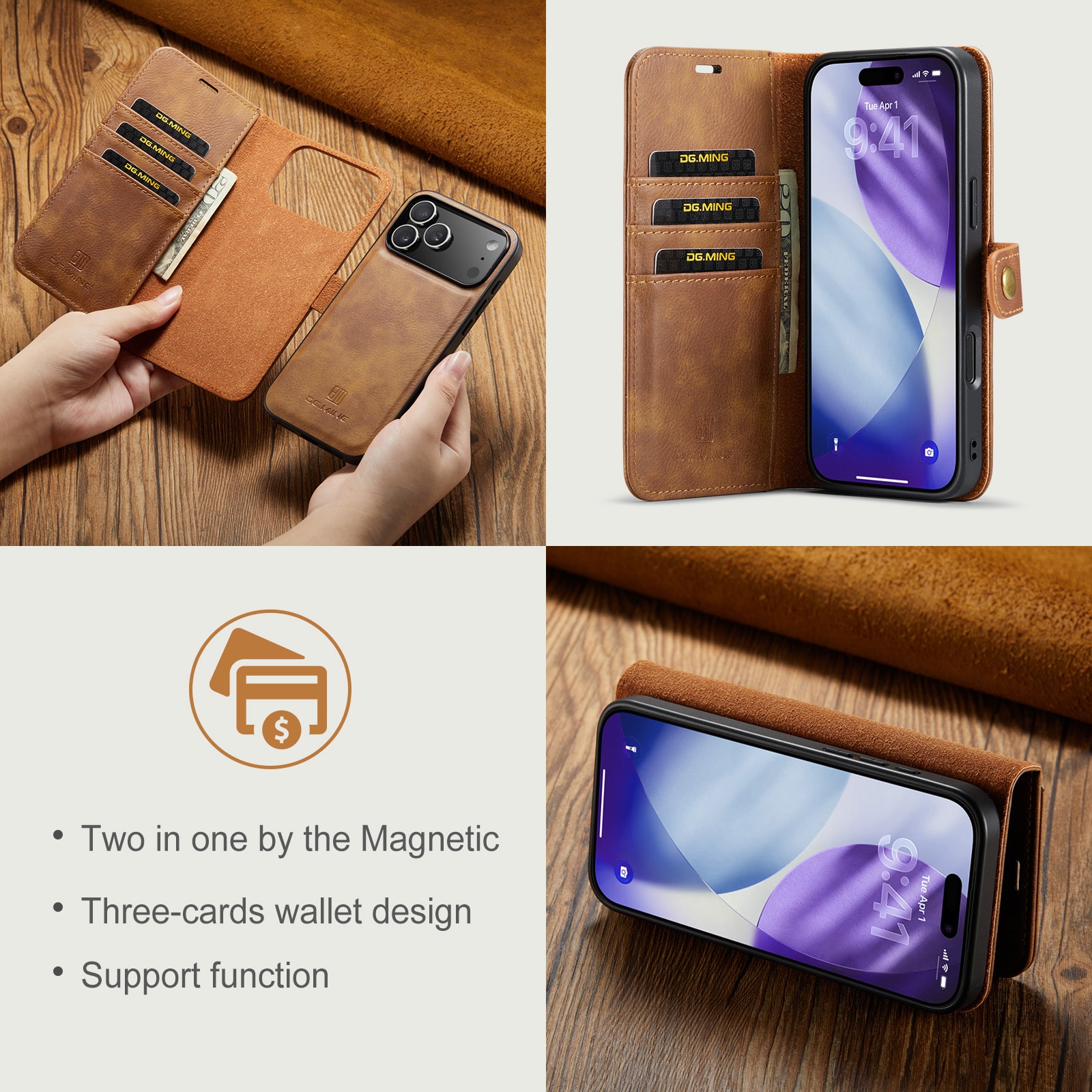iPhone 17 Pro Max Plånboksfodral med avtagbart skal, Cognac
