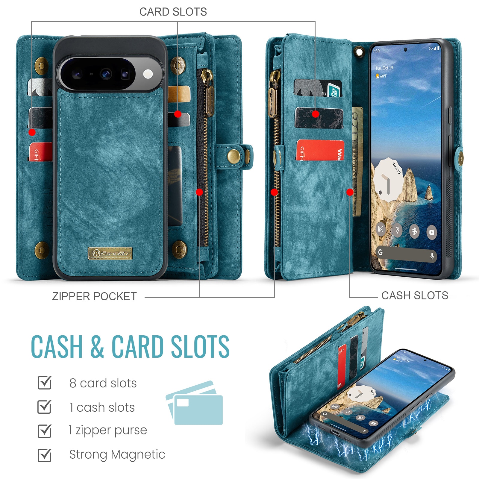 Google Pixel 10 Pro Rymligt plånboksfodral med många kortfack, Blå