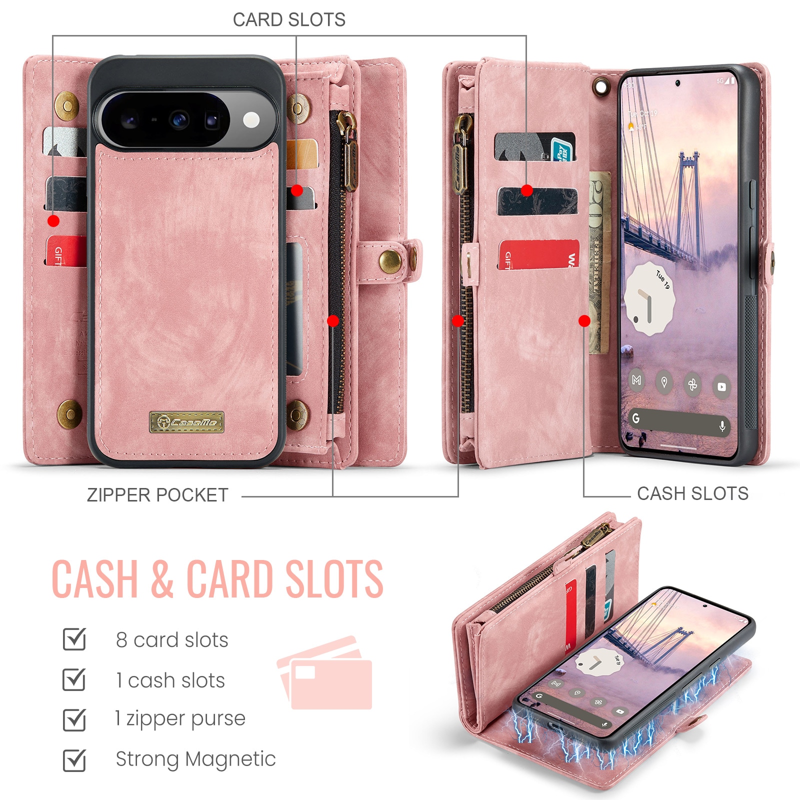 Google Pixel 10 Pro Rymligt plånboksfodral med många kortfack, Rosa