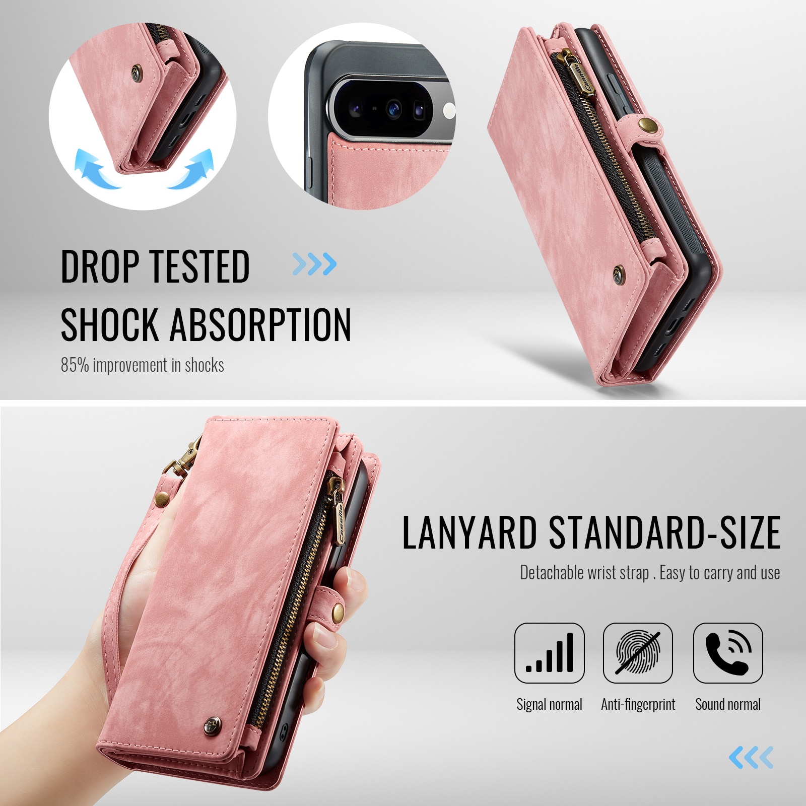 Google Pixel 10 Pro Rymligt plånboksfodral med många kortfack, Rosa