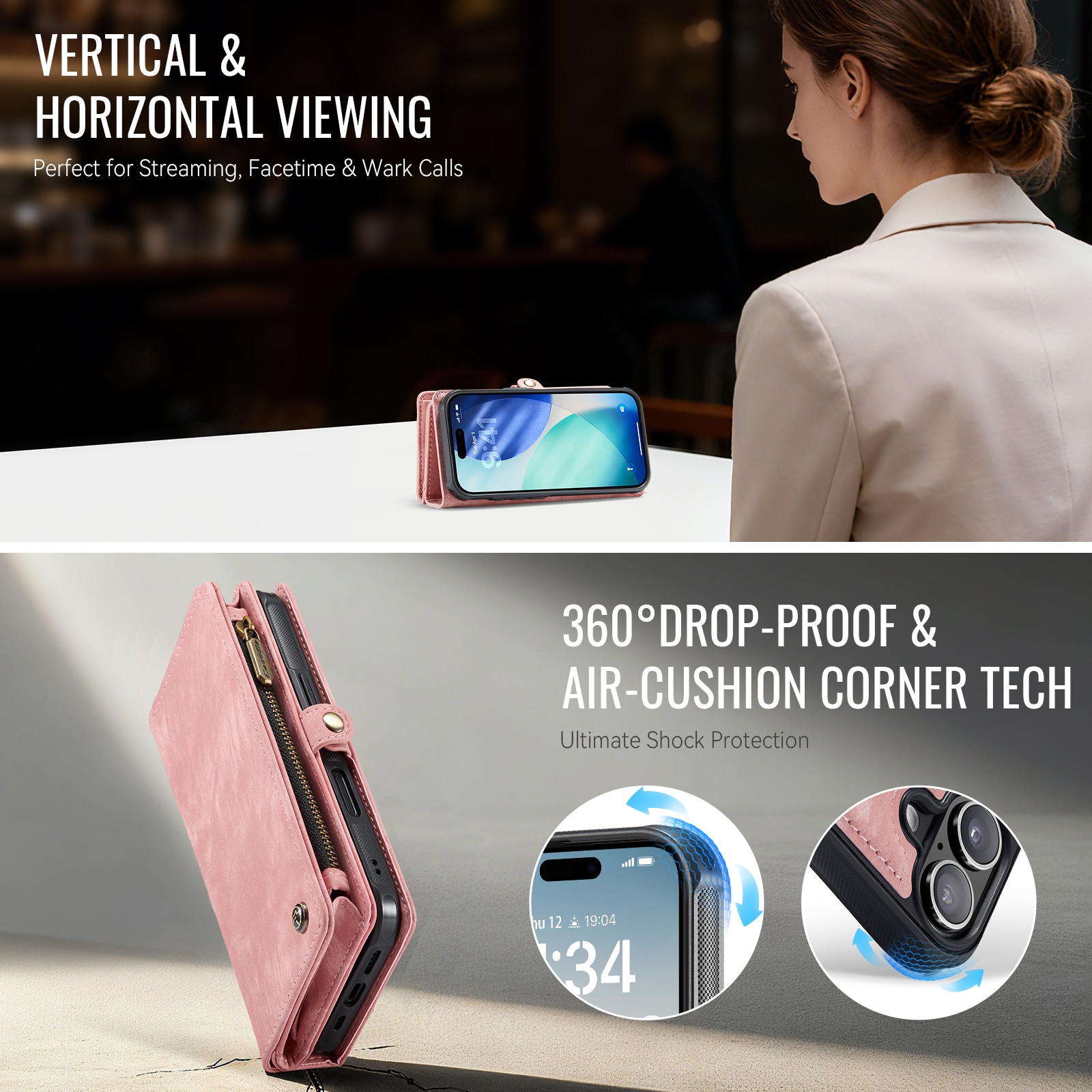 iPhone 17 Rymligt plånboksfodral med många kortfack, Rosa