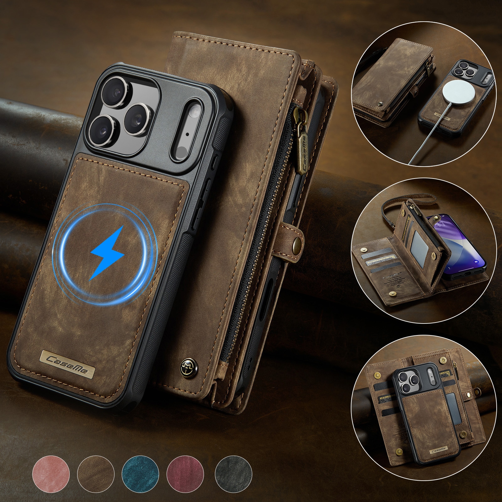 iPhone 17 Pro Max Rymligt plånboksfodral med många kortfack, Brun