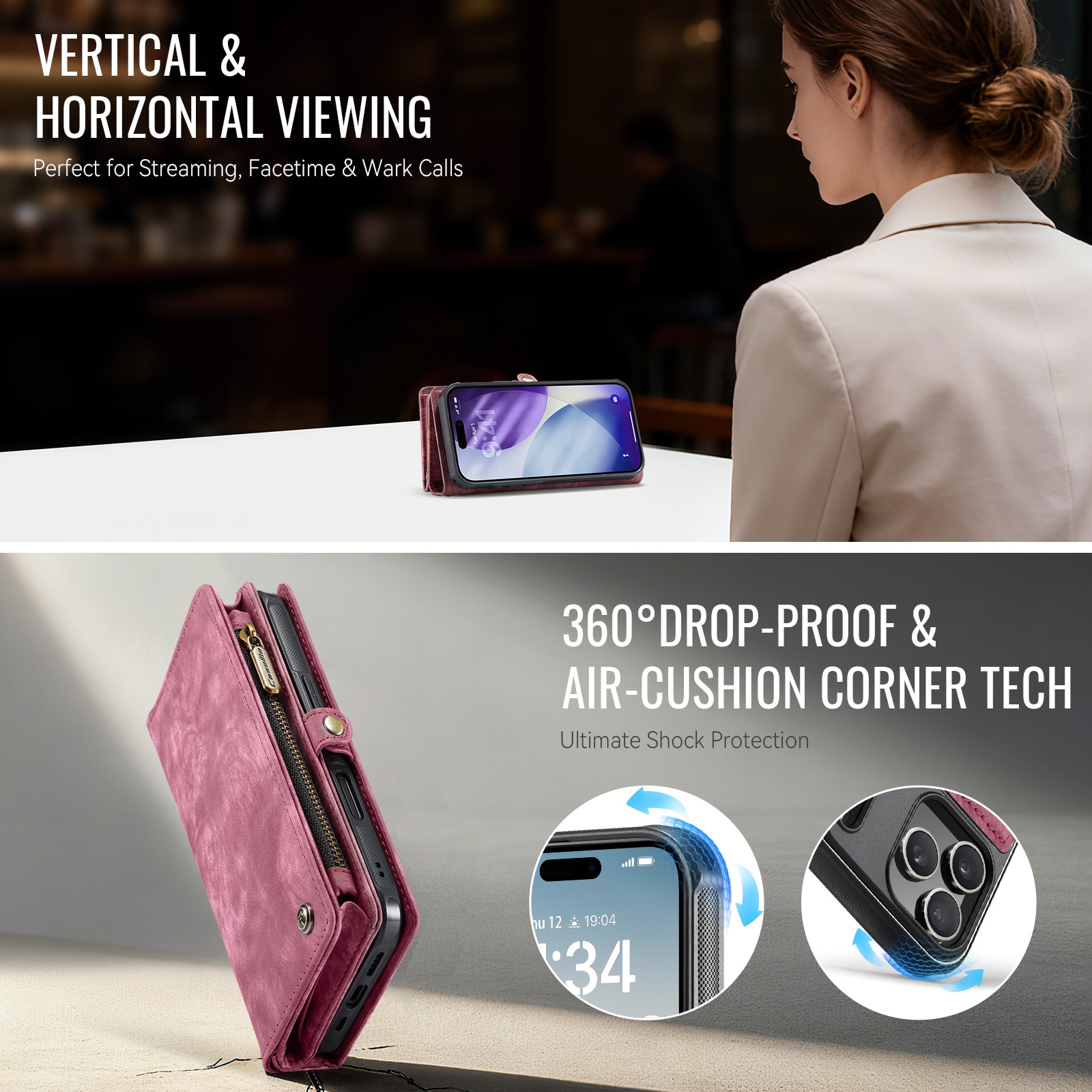 iPhone 17 Pro Max Rymligt plånboksfodral med många kortfack, Röd