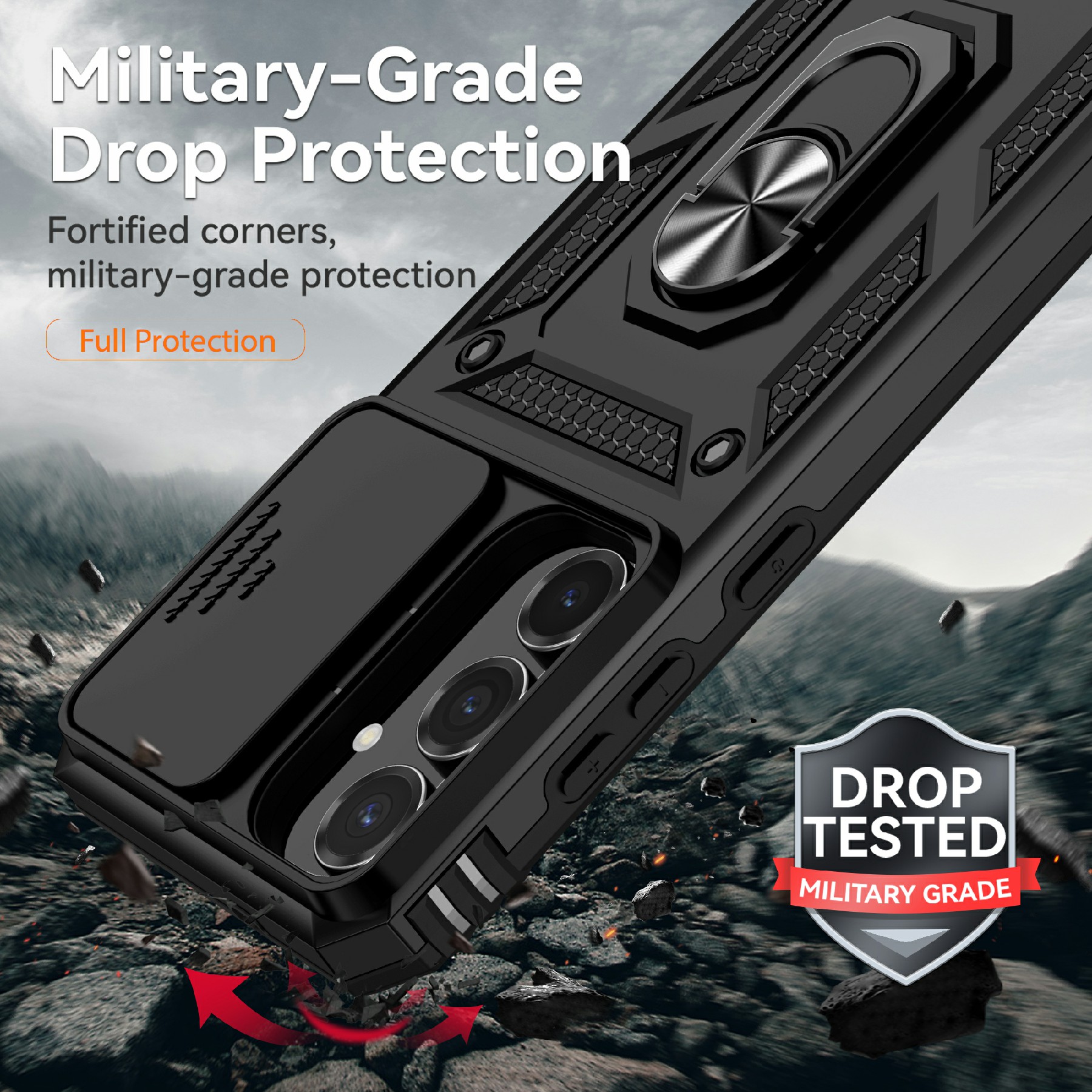 Samsung Galaxy S25 FE Skal med kameraskydd & fingerring, Svart