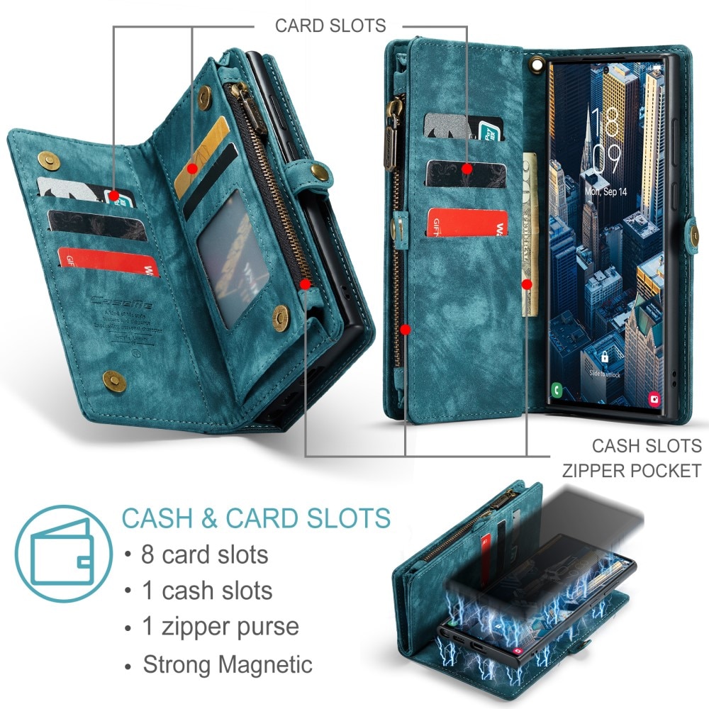 Samsung Galaxy S23 Ultra Rymligt plånboksfodral med många kortfack, blå