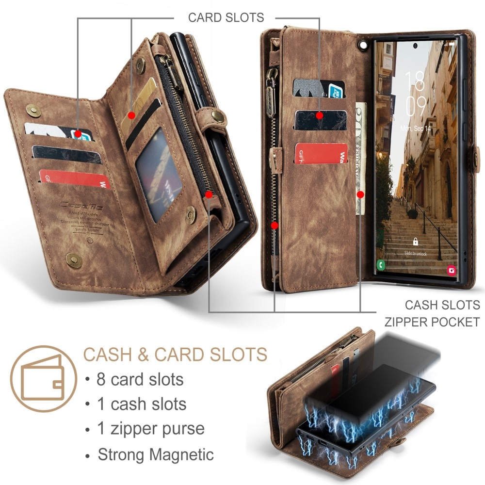 Samsung Galaxy S23 Ultra Rymligt plånboksfodral med många kortfack, brun