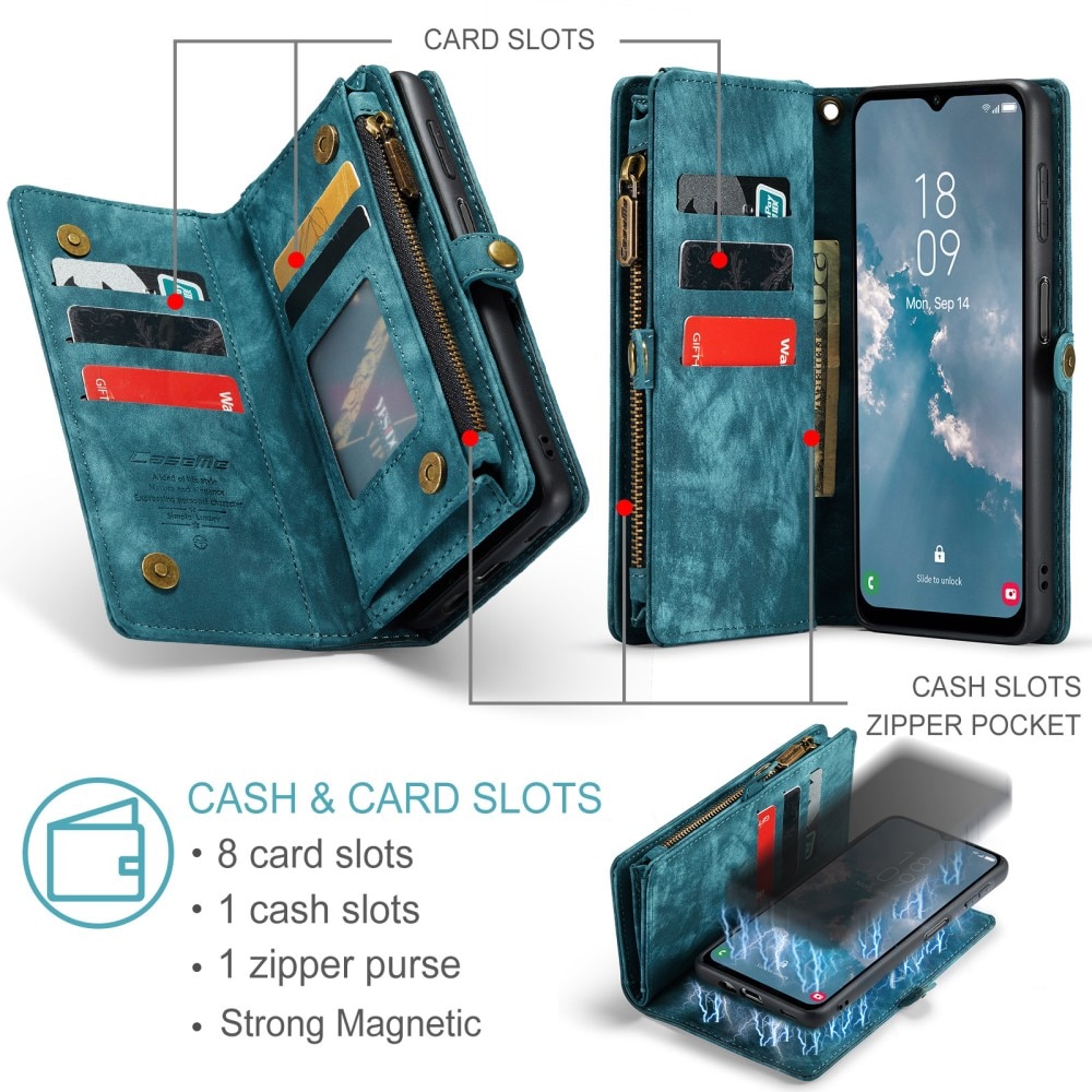 Samsung Galaxy A14 Rymligt plånboksfodral med många kortfack, blå