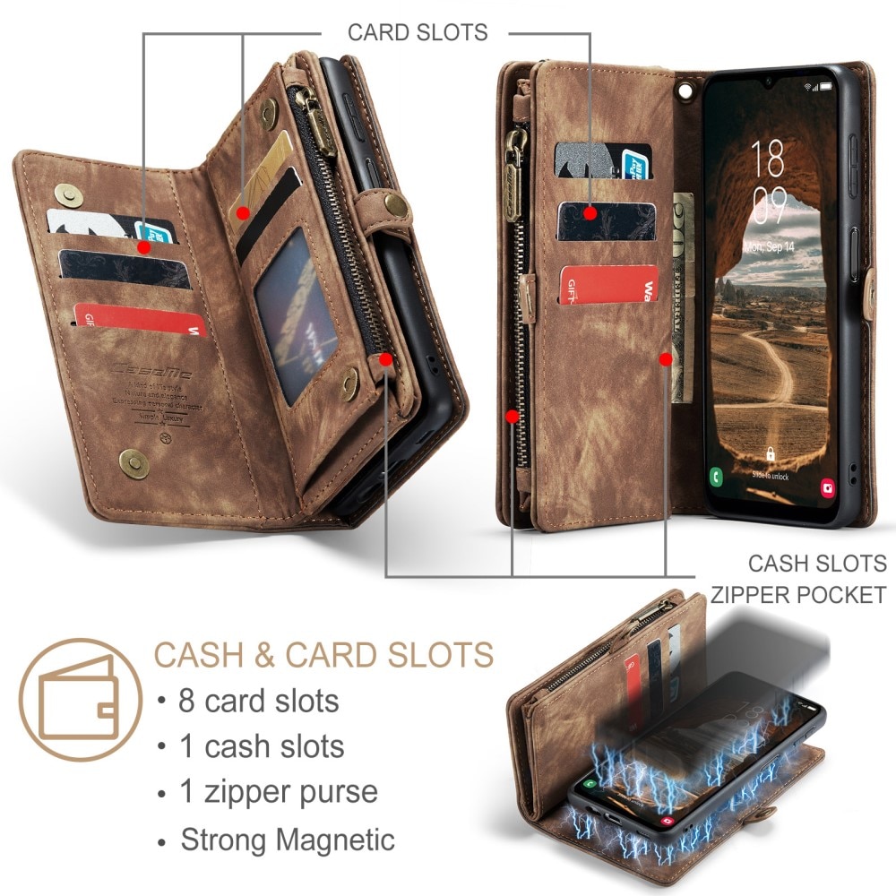 Samsung Galaxy A14 Rymligt plånboksfodral med många kortfack, brun