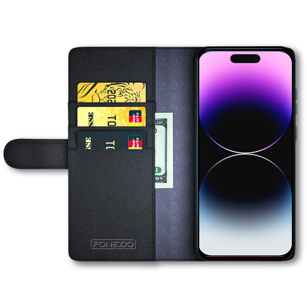 iPhone 15 Pro Max Plånboksfodral i Äkta Läder, Svart