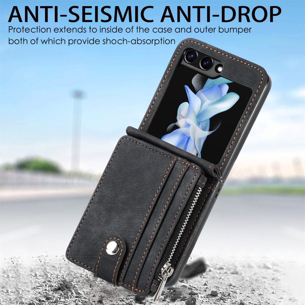 Samsung Galaxy Z Flip 6 Plånboksfodral med kortfack och dragkedja Svart