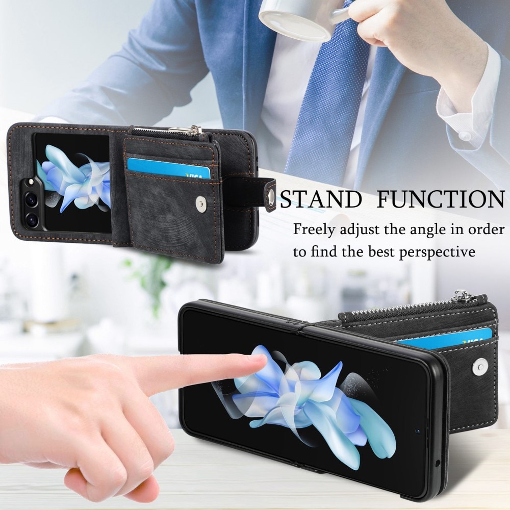 Samsung Galaxy Z Flip 6 Plånboksfodral med kortfack och dragkedja Svart