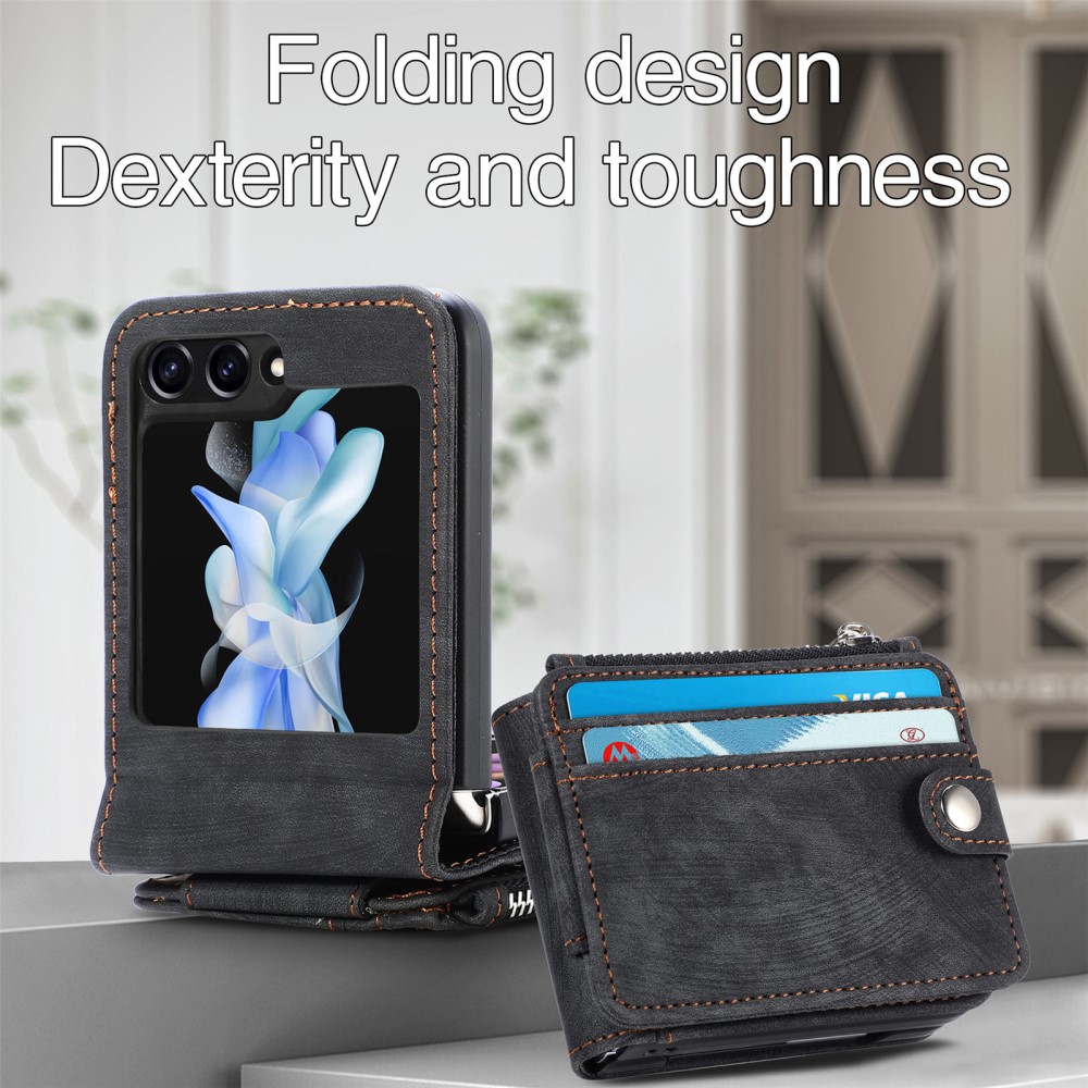 Samsung Galaxy Z Flip 6 Plånboksfodral med kortfack och dragkedja Svart