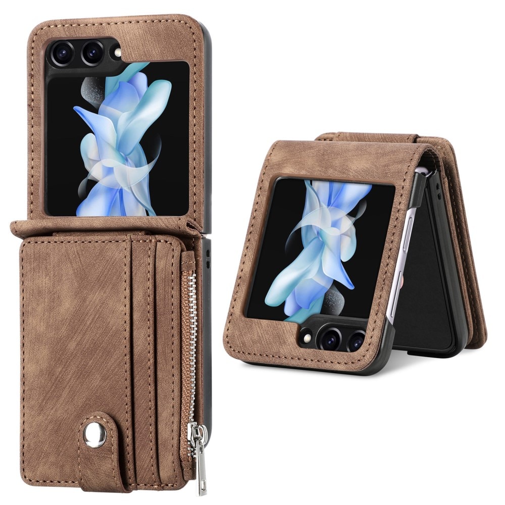 Samsung Galaxy Z Flip 7 FE Plånboksfodral med kortfack och dragkedja Brun